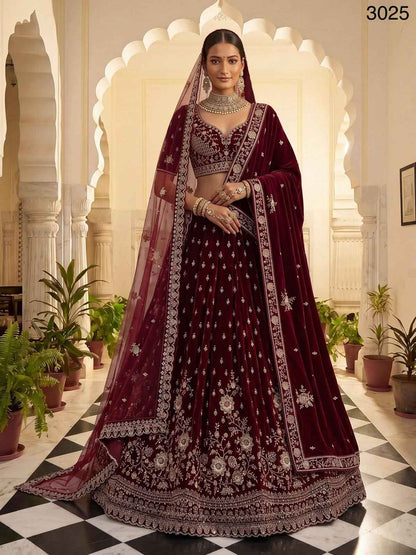 Red Pure Soft Velvet Heavy Embroidery Patch Work Bridal Lehenga