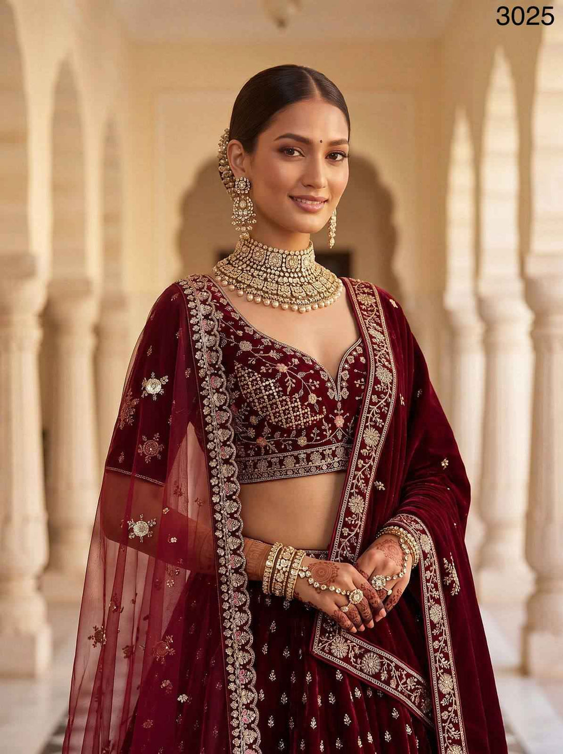 Red Pure Soft Velvet Heavy Embroidery Patch Work Bridal Lehenga