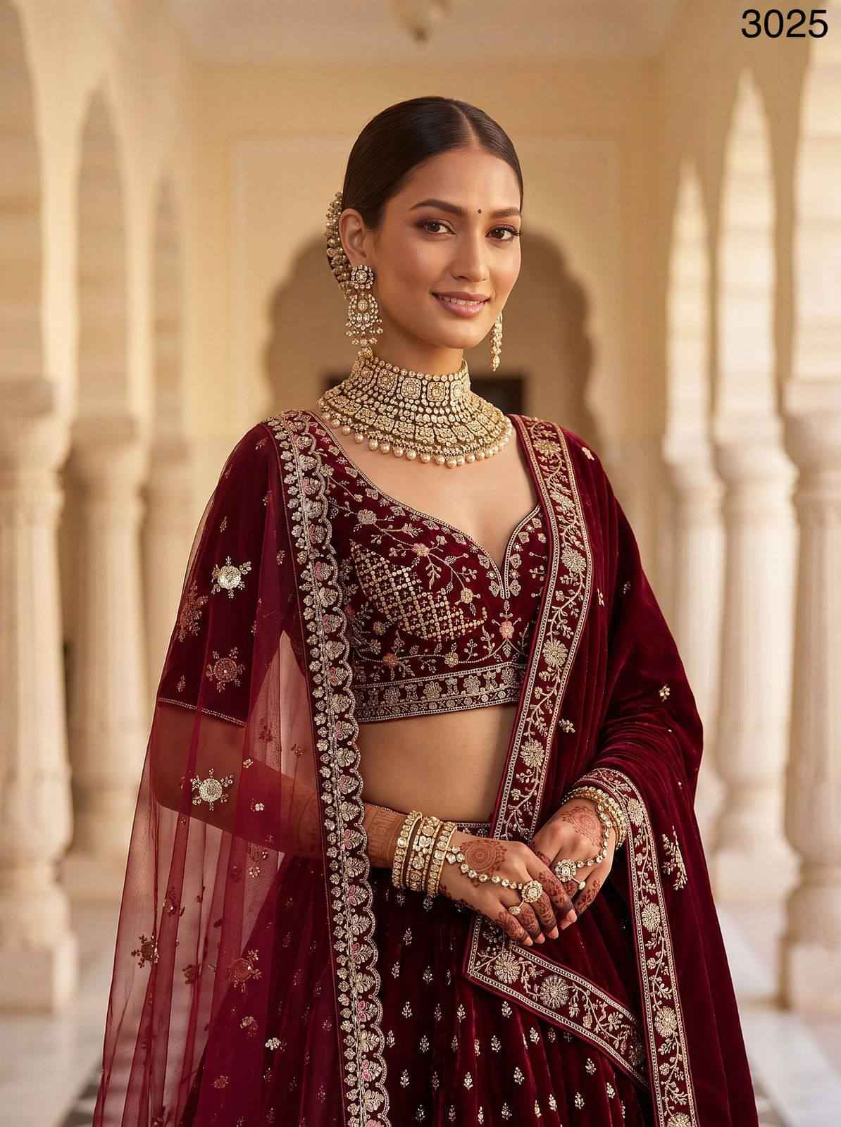 Red Pure Soft Velvet Heavy Embroidery Patch Work Bridal Lehenga