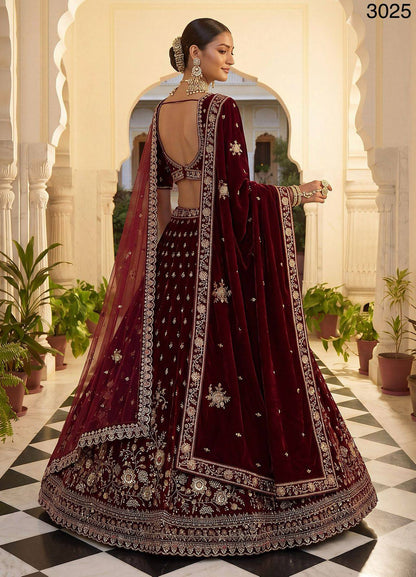 Red Pure Soft Velvet Heavy Embroidery Patch Work Bridal Lehenga