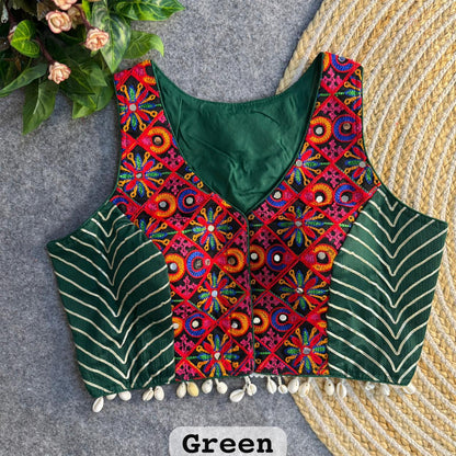 Green Pure Soft Heavy Silk Kutchi With Gotapatti Work Navratri Blouse