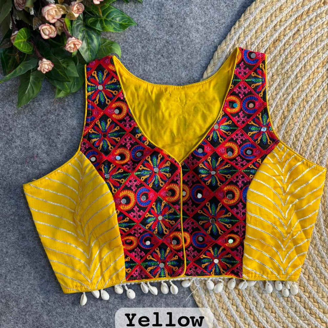 Yellow Blue Pure Soft Heavy Silk Kutchi With Gotapatti Work Navratri Blouse