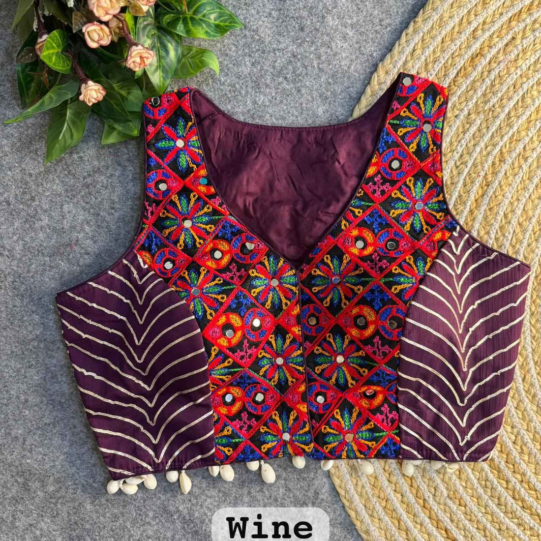 Wine Pure Soft Heavy Silk Kutchi With Gotapatti Work Navratri Blouse