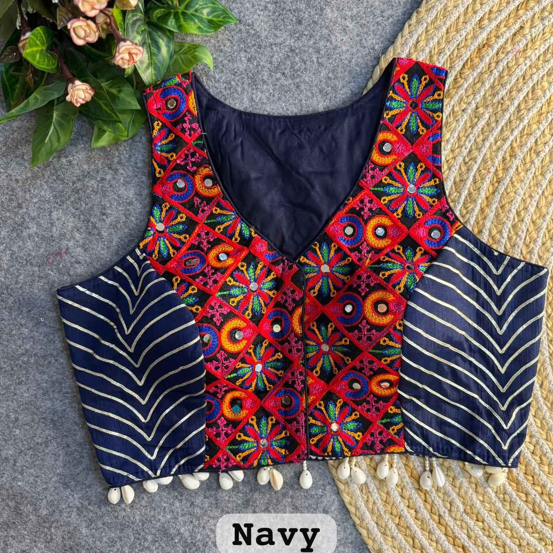 Navy Blue Pure Soft Heavy Silk Kutchi With Gotapatti Work Navratri Blouse