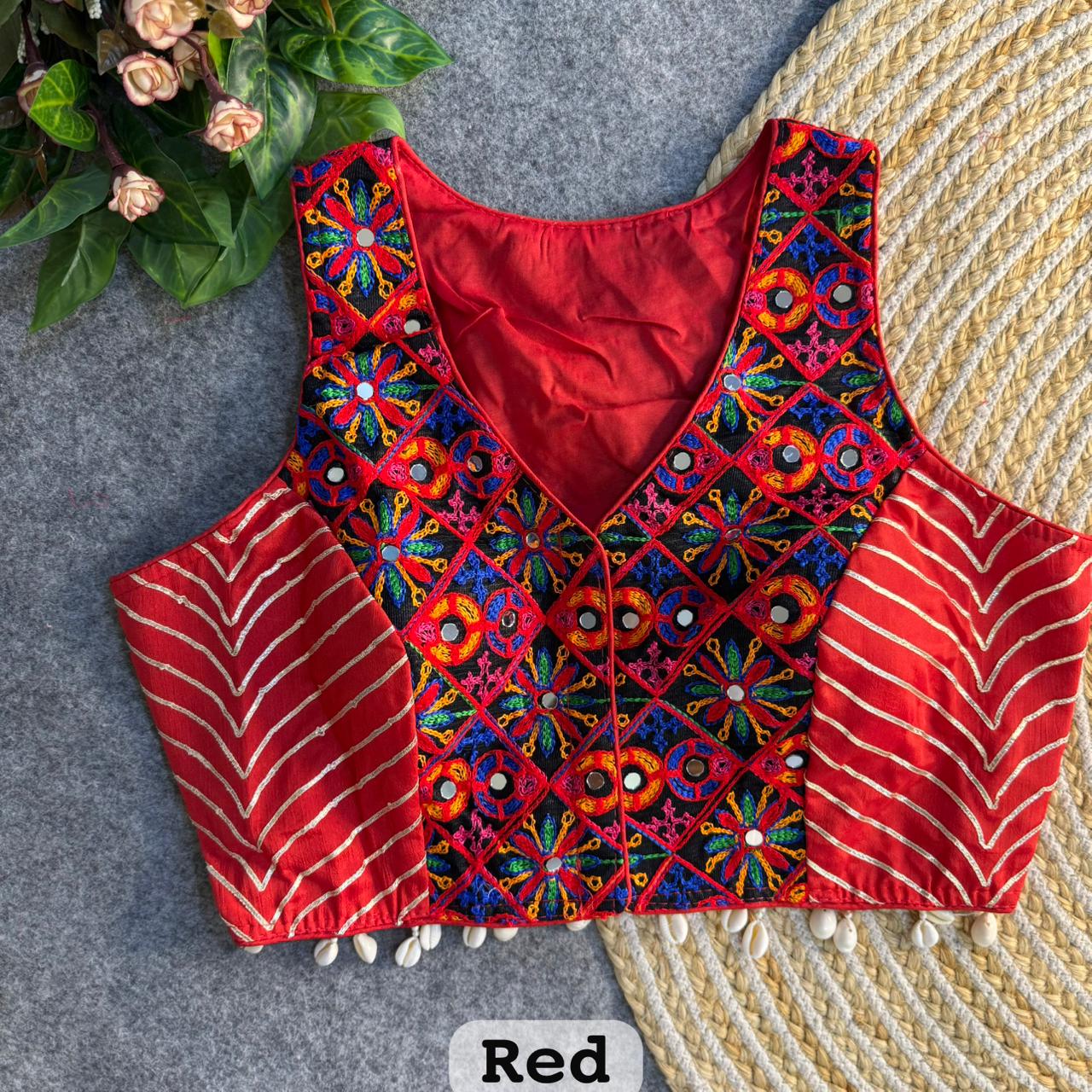 Red Pure Soft Heavy Silk Kutchi With Gotapatti Work Navratri Blouse