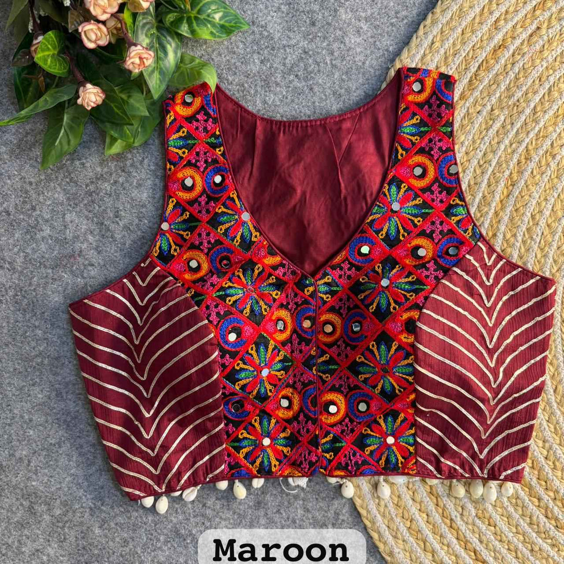 Maroon Pure Soft Heavy Silk Kutchi With Gotapatti Work Navratri Blouse