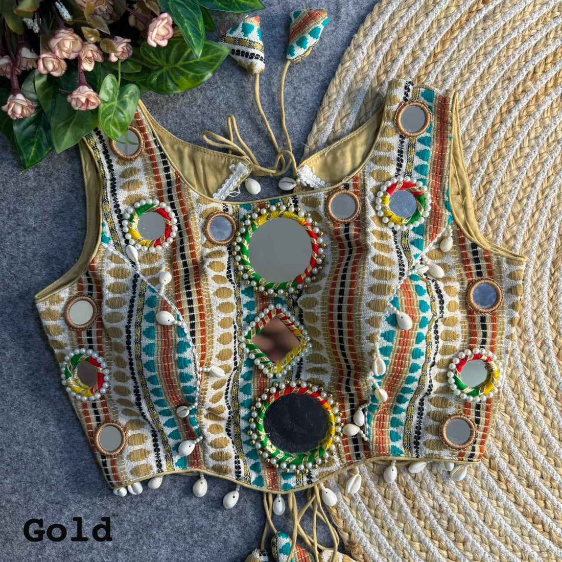 Gold Pure Soft Heavy Jhoot Mirror Kutchi Work Navratri Blouse