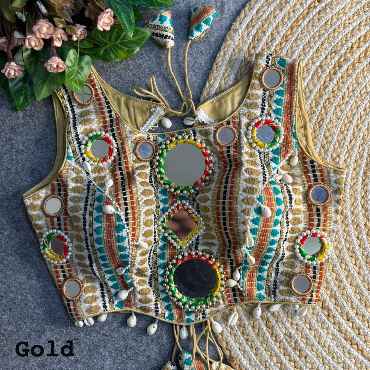 Gold Pure Soft Heavy Jhoot Mirror Kutchi Work Navratri Blouse