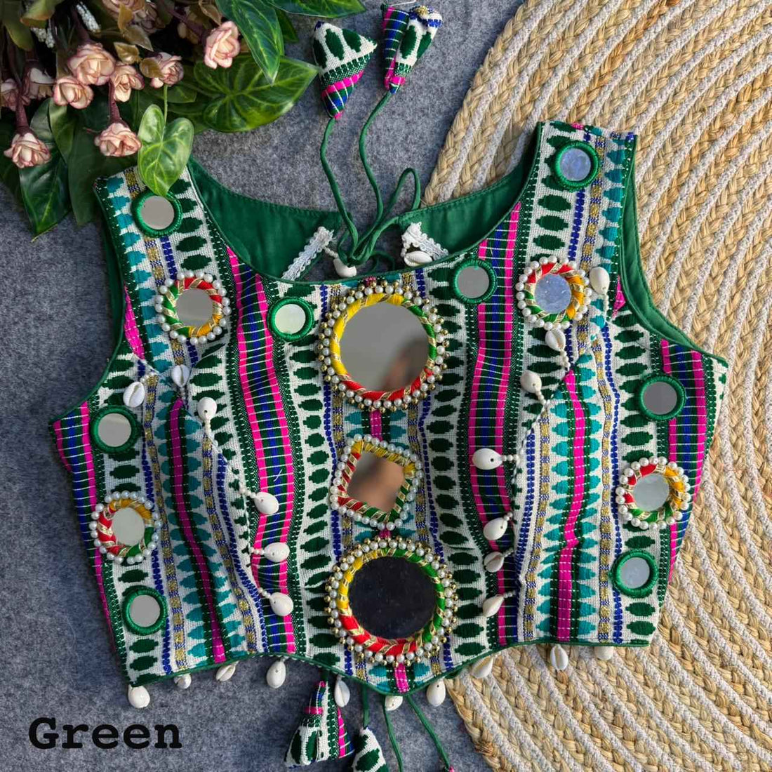 Green Pure Soft Heavy Jhoot Mirror Kutchi Work Navratri Blouse