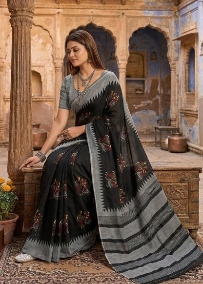 Black Soft Malmal Cotton Kalamkari Hand Block Print Cotton Saree