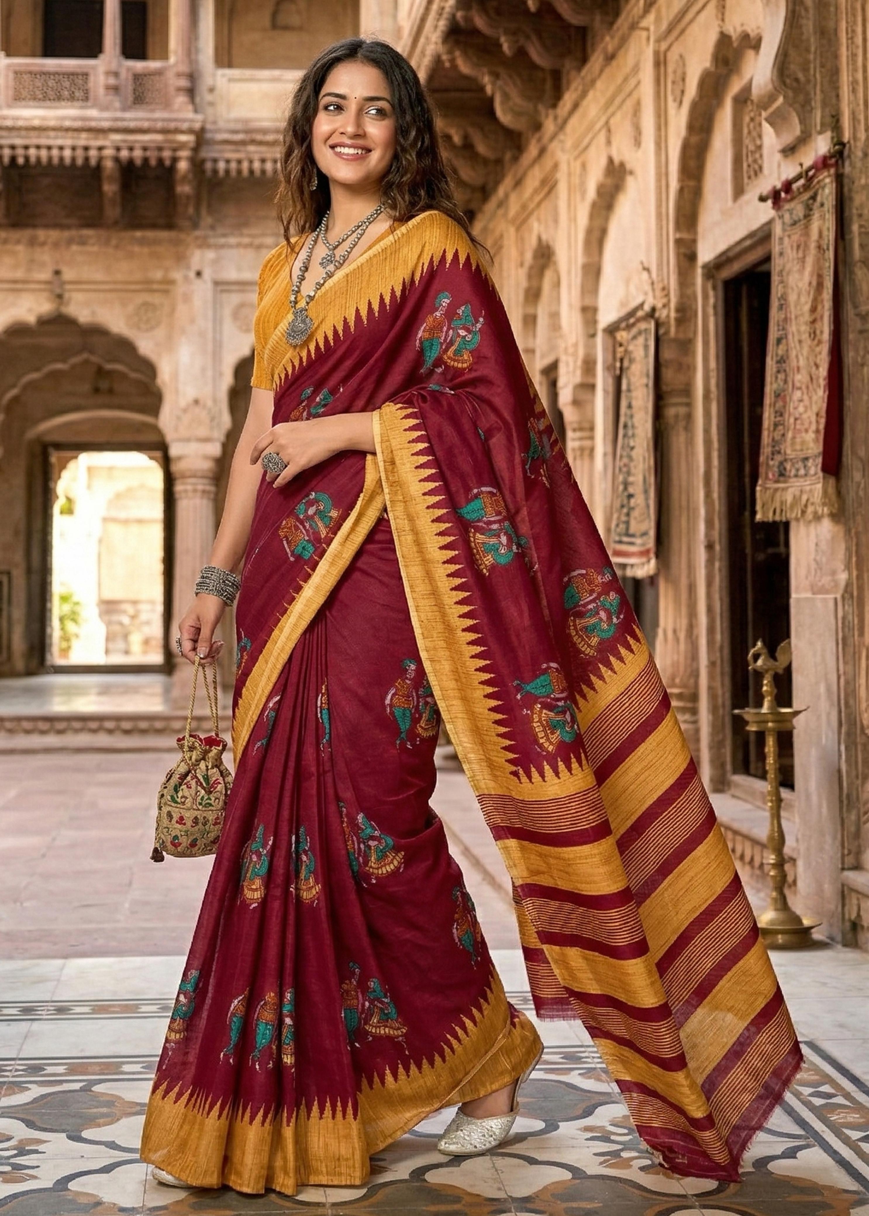 Red Soft Malmal Cotton Kalamkari Hand Block Print Cotton Saree