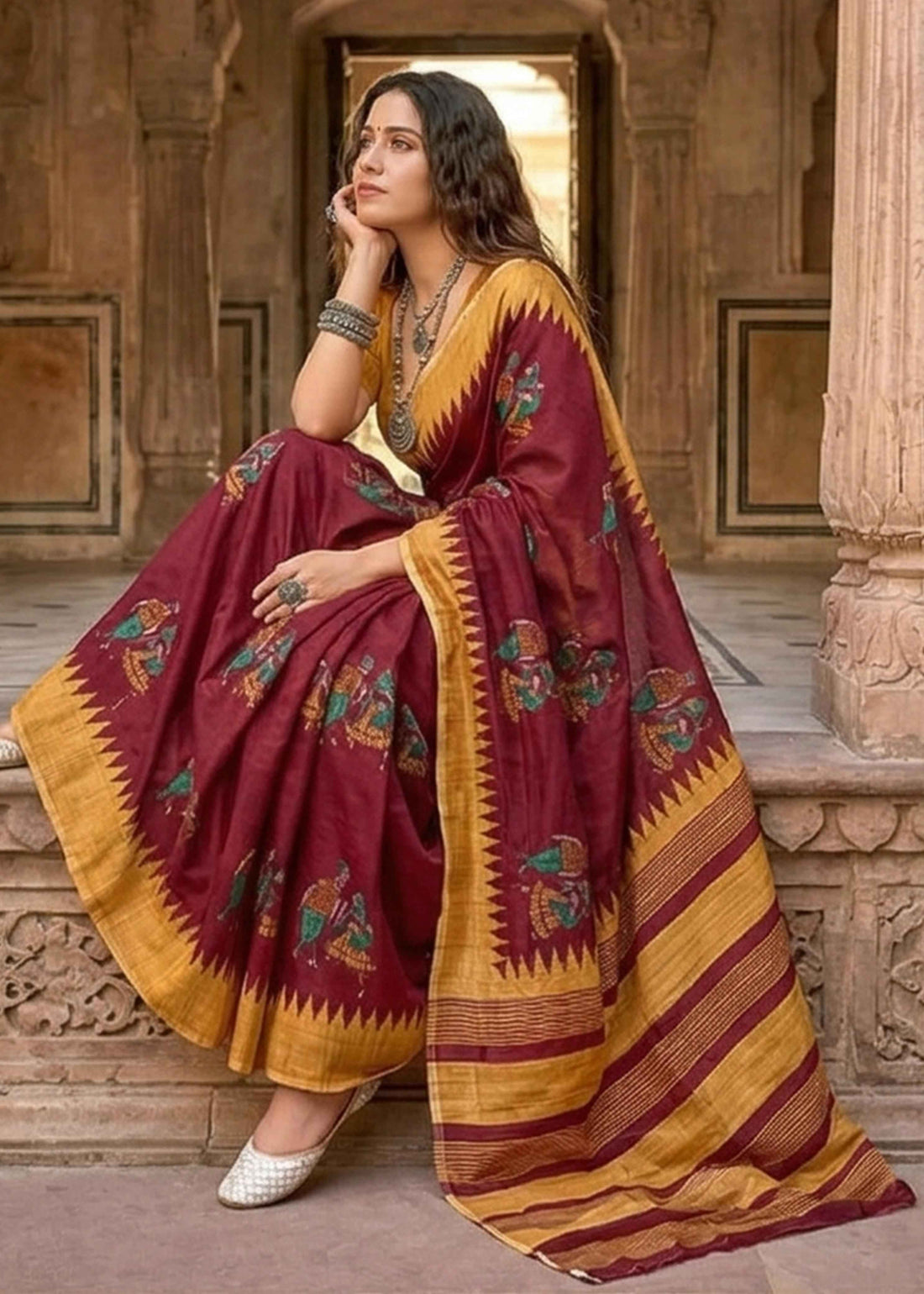 Red Soft Malmal Cotton Kalamkari Hand Block Print Cotton Saree