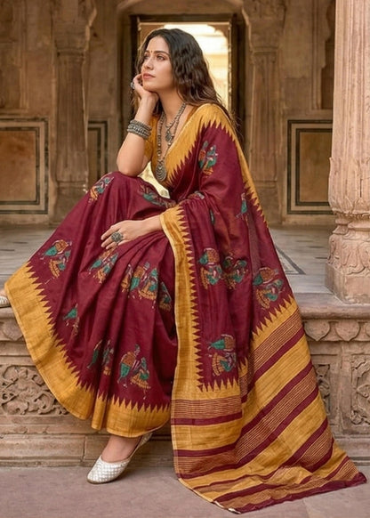 Red Soft Malmal Cotton Kalamkari Hand Block Print Cotton Saree