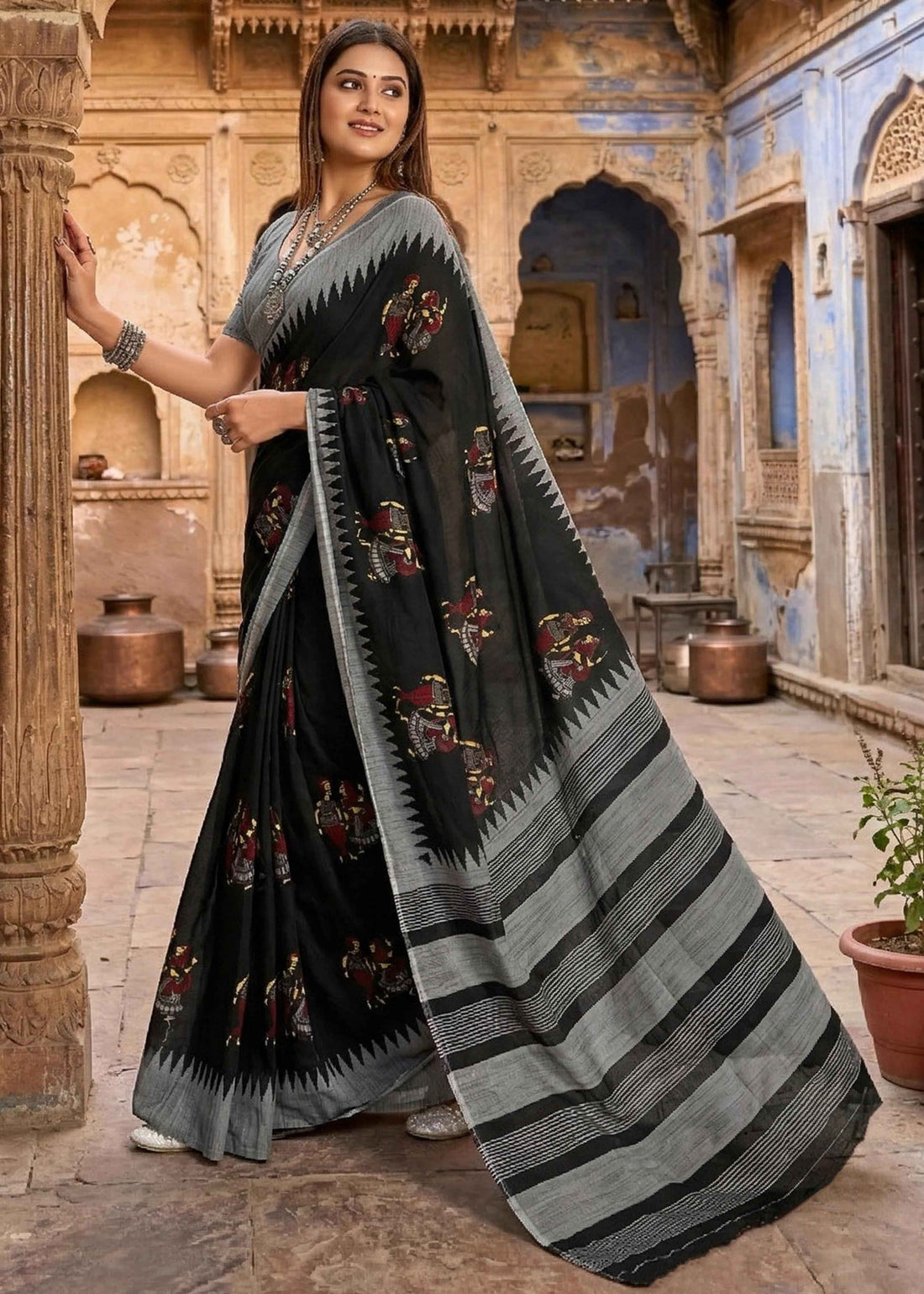 Black Soft Malmal Cotton Kalamkari Hand Block Print Cotton Saree