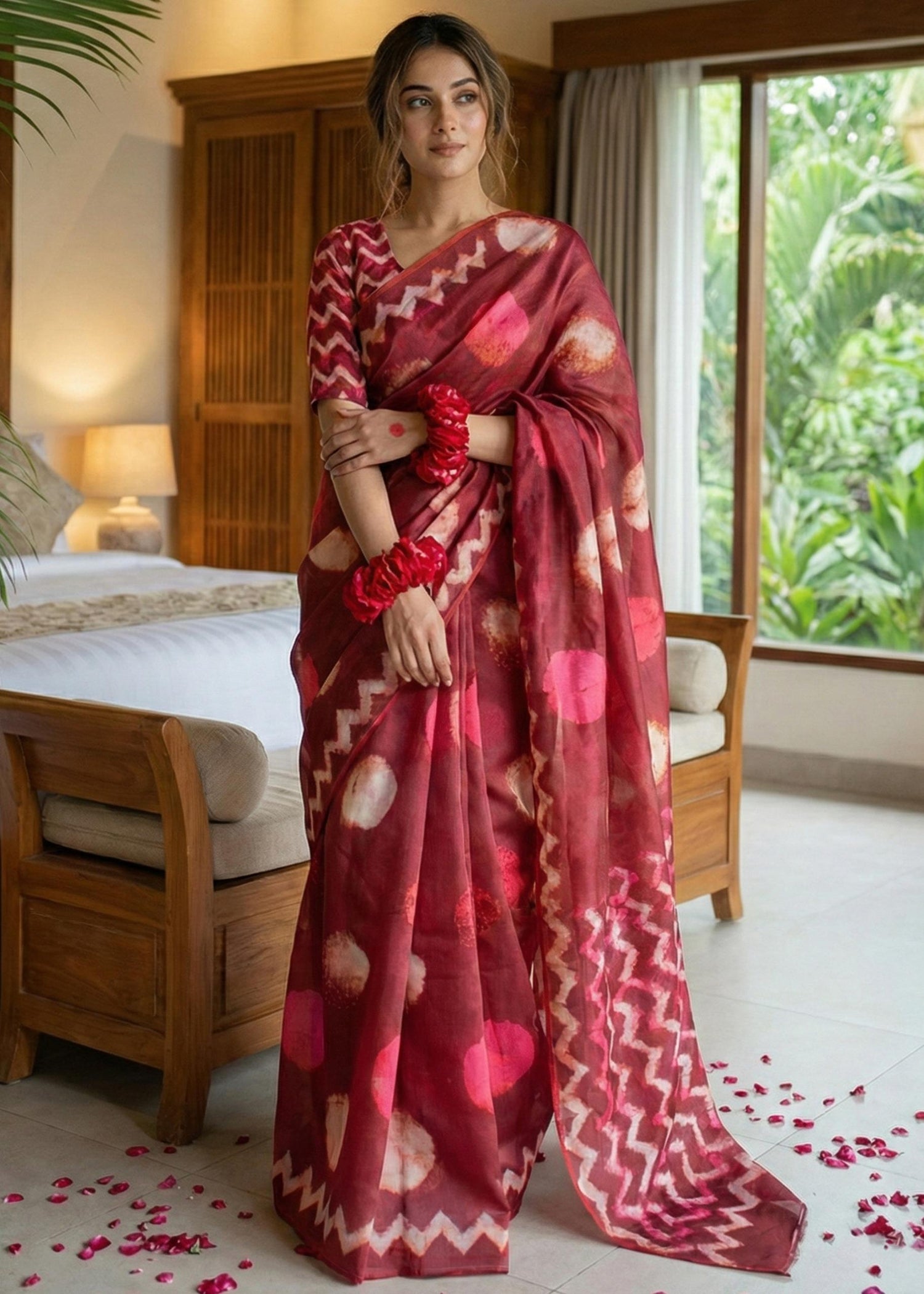 Red Soft Malmal Cotton Shibori Hand Block Print Cotton Saree