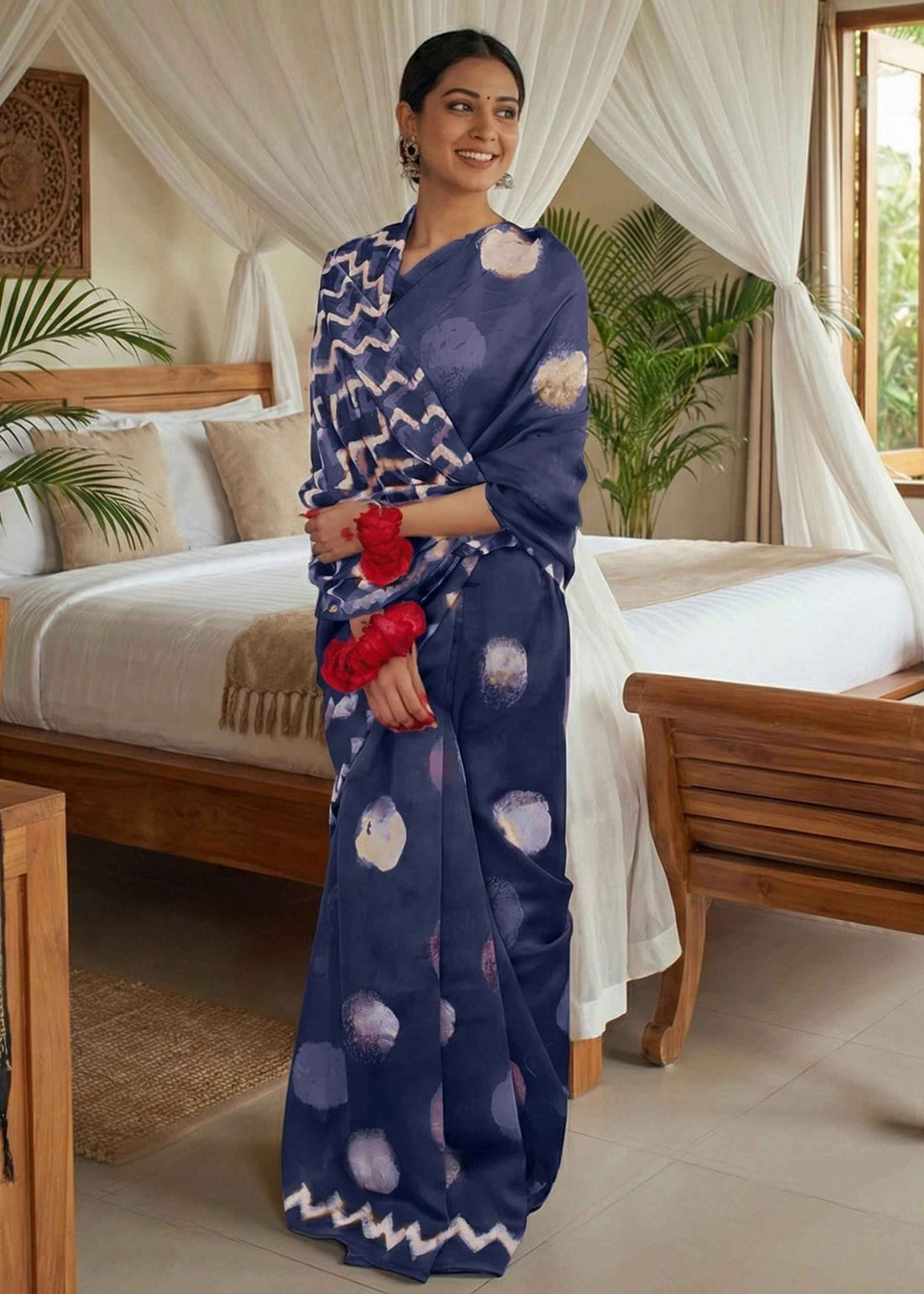Blue Soft Malmal Cotton Shibori Hand Block Print Cotton Saree