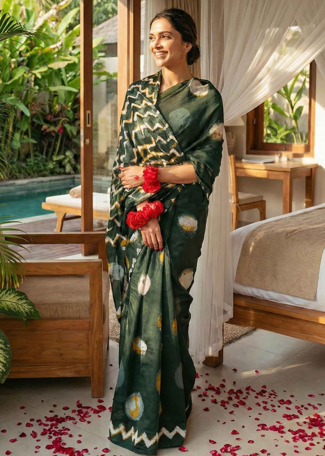 Green Soft Malmal Cotton Shibori Hand Block Print Cotton Saree