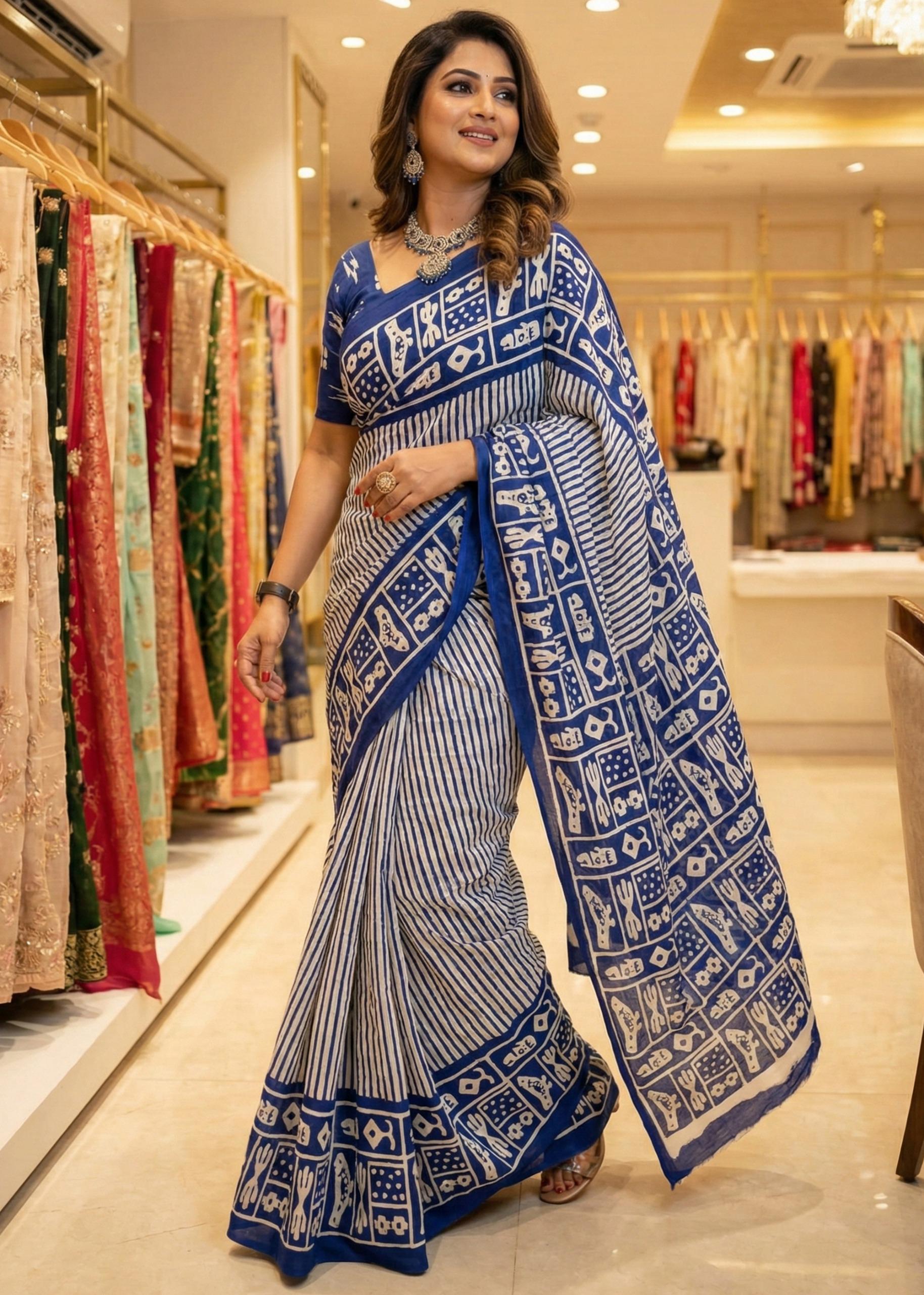 Blue Soft Cotton Sanganeri Block Printed Cotton Saree