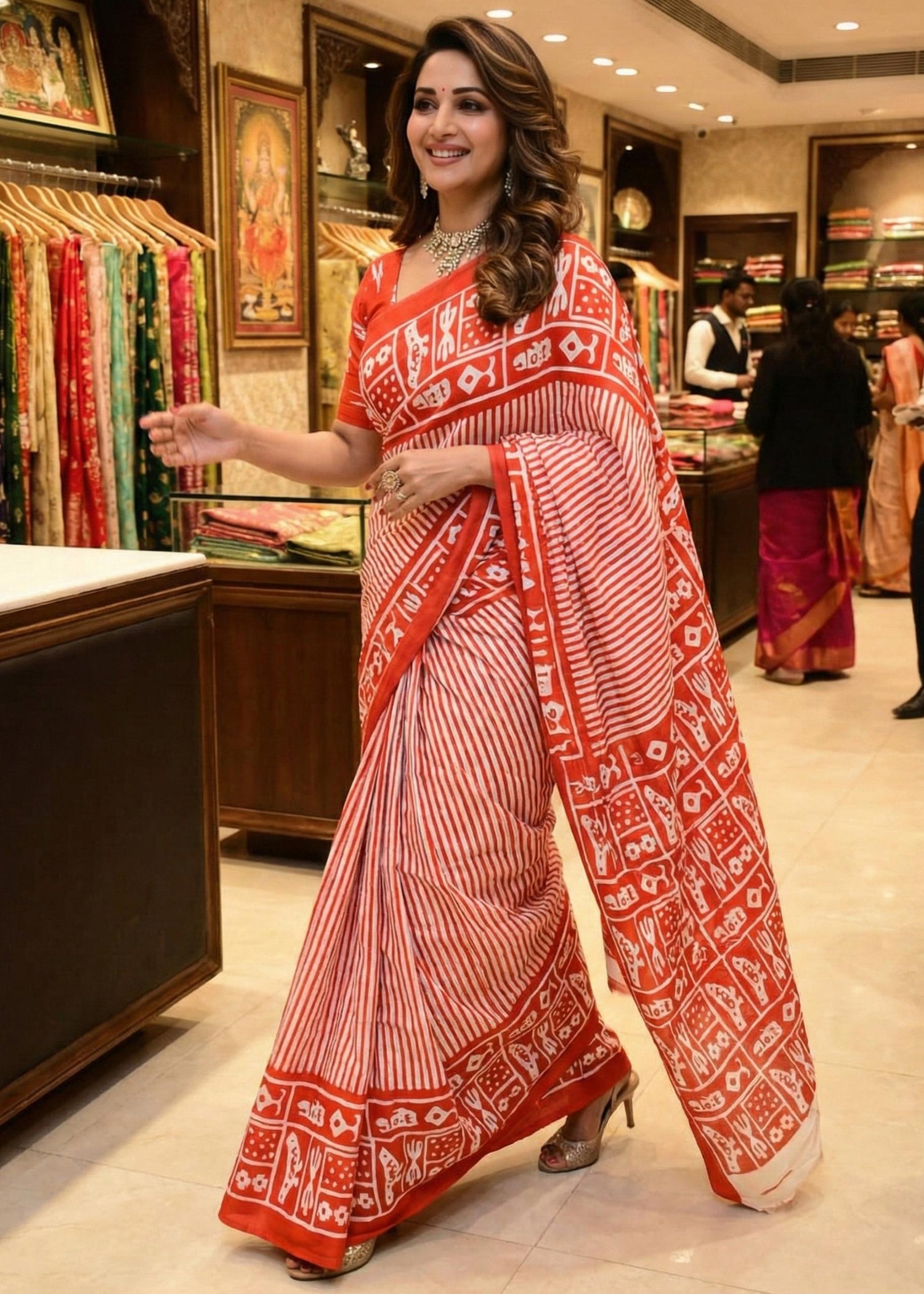Orange Soft Cotton Sanganeri Block Printed Cotton Saree