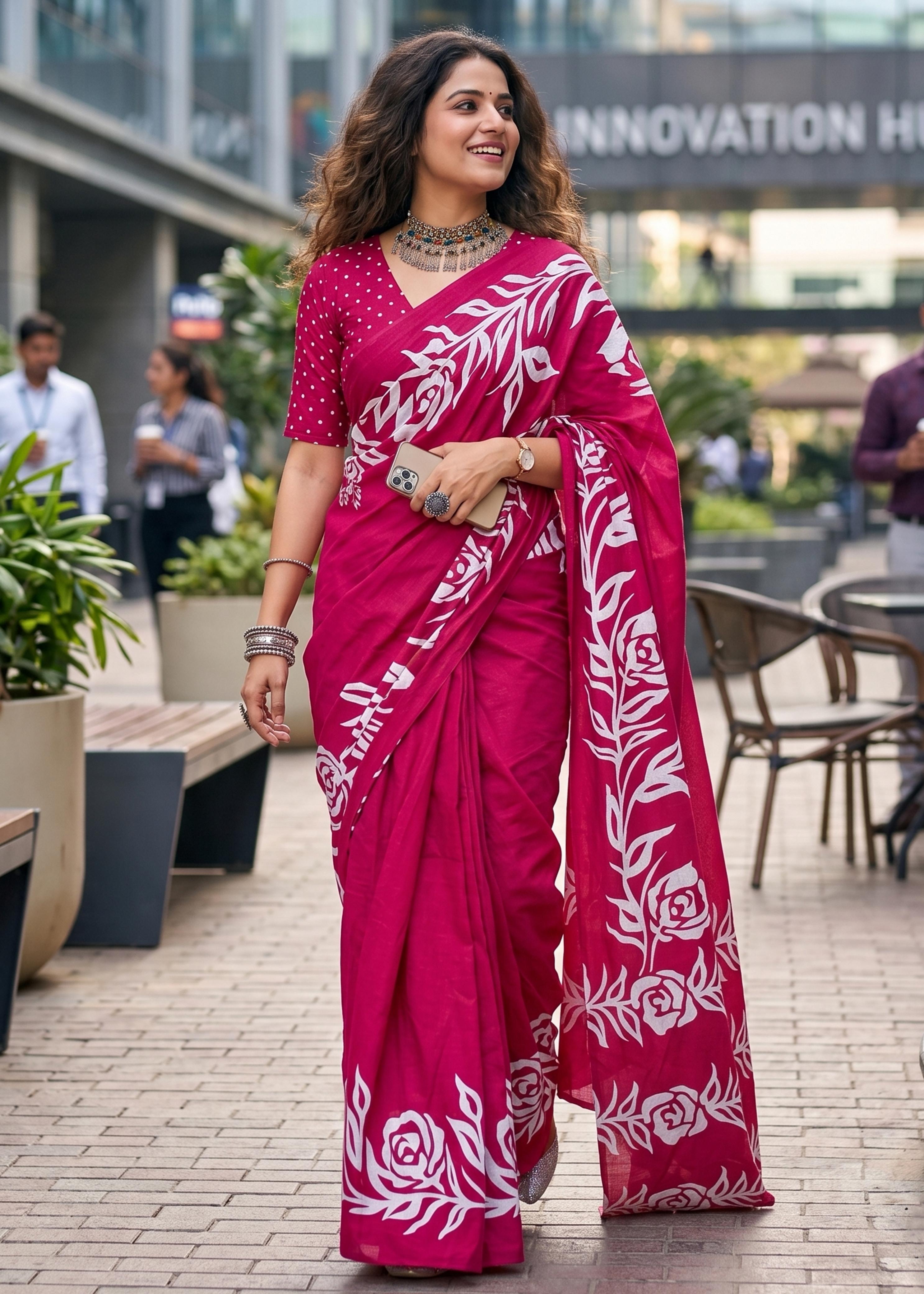 Rani Soft Cotton Hand Block Floral Printed Cotton Saree