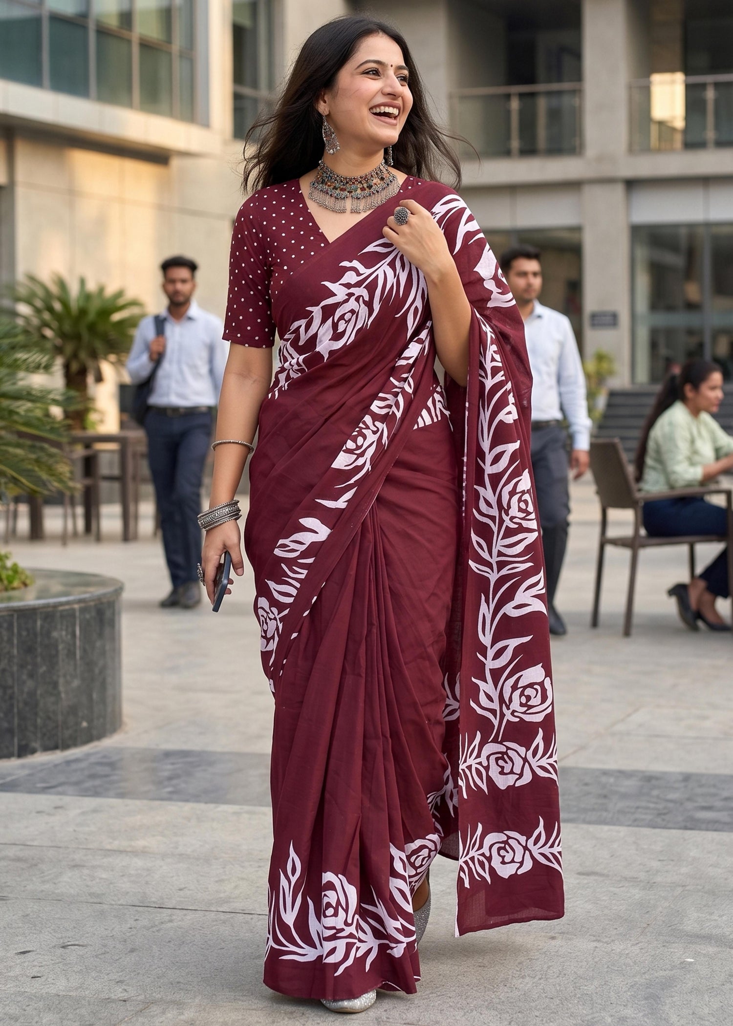 Maroon Soft Cotton Hand Block Floral Printed Cotton Saree
