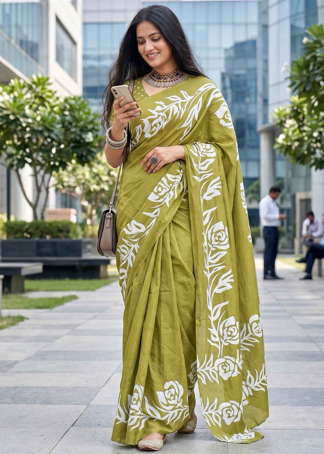 Olive Soft Cotton Hand Block Floral Printed Cotton Saree