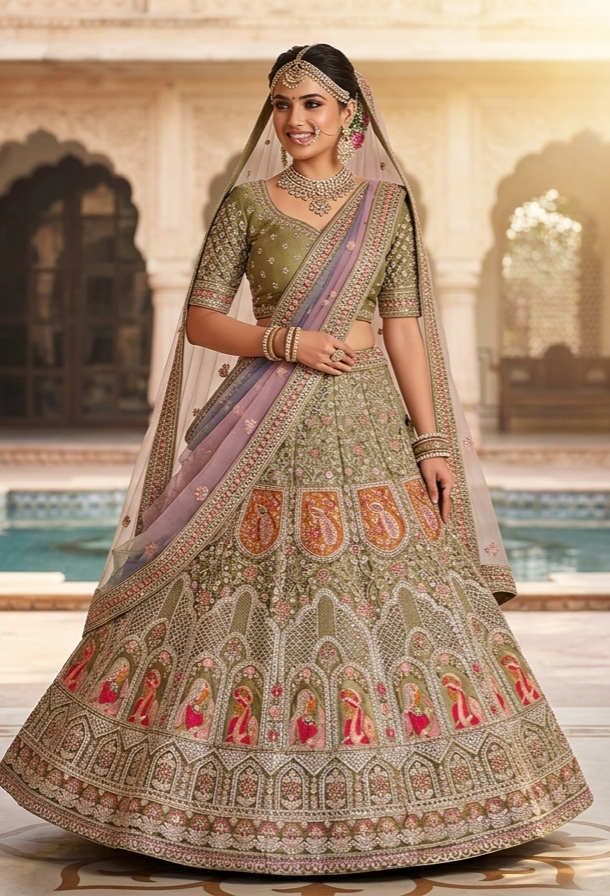 Mehandi Pure Soft Velvet Heavy Embroidery Patch Work Bridal Lehenga Choli