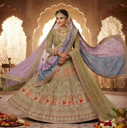Mehandi Pure Soft Velvet Heavy Embroidery Patch Work Bridal Lehenga Choli