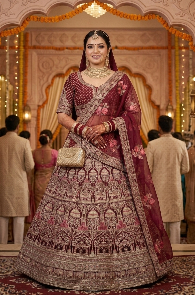 Maroon Pure Soft Velvet Heavy Embroidery Patch Work Bridal Lehenga