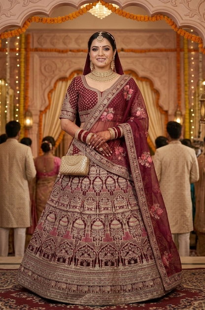Maroon Pure Soft Velvet Heavy Embroidery Patch Work Bridal Lehenga