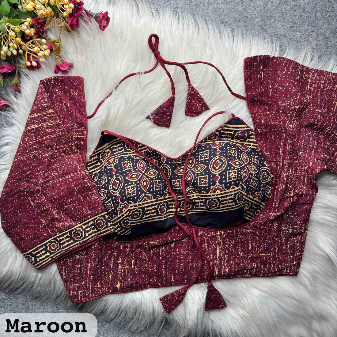 Maroon Pure Soft Ajrakh Cotton Masaba Style Blouse