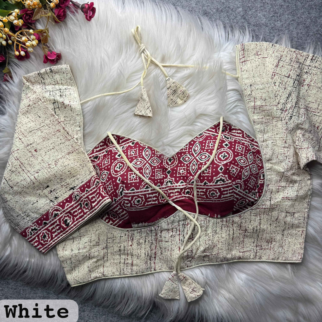 White Pure Soft Ajrakh Cotton Masaba Style Blouse