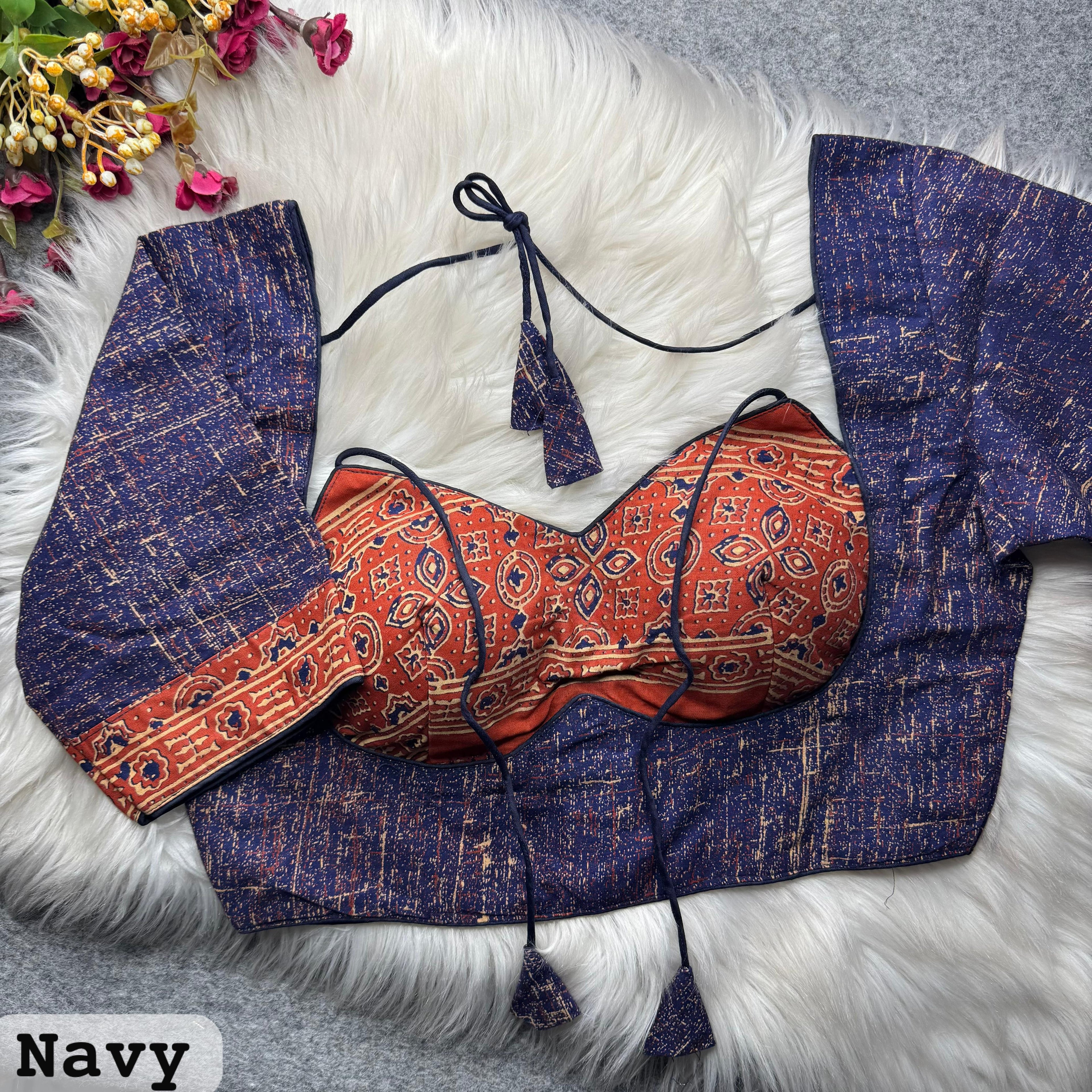 Navy Blue Pure Soft Ajrakh Cotton Masaba Style Blouse