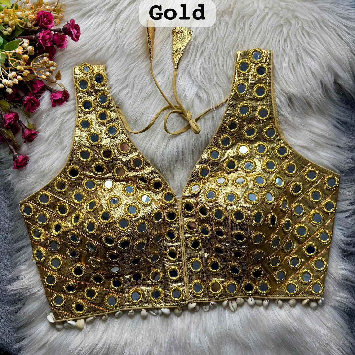 Gold Pure Soft Heavy Gotta Real Mirror &amp; Kaudi Work Navratri Blouse