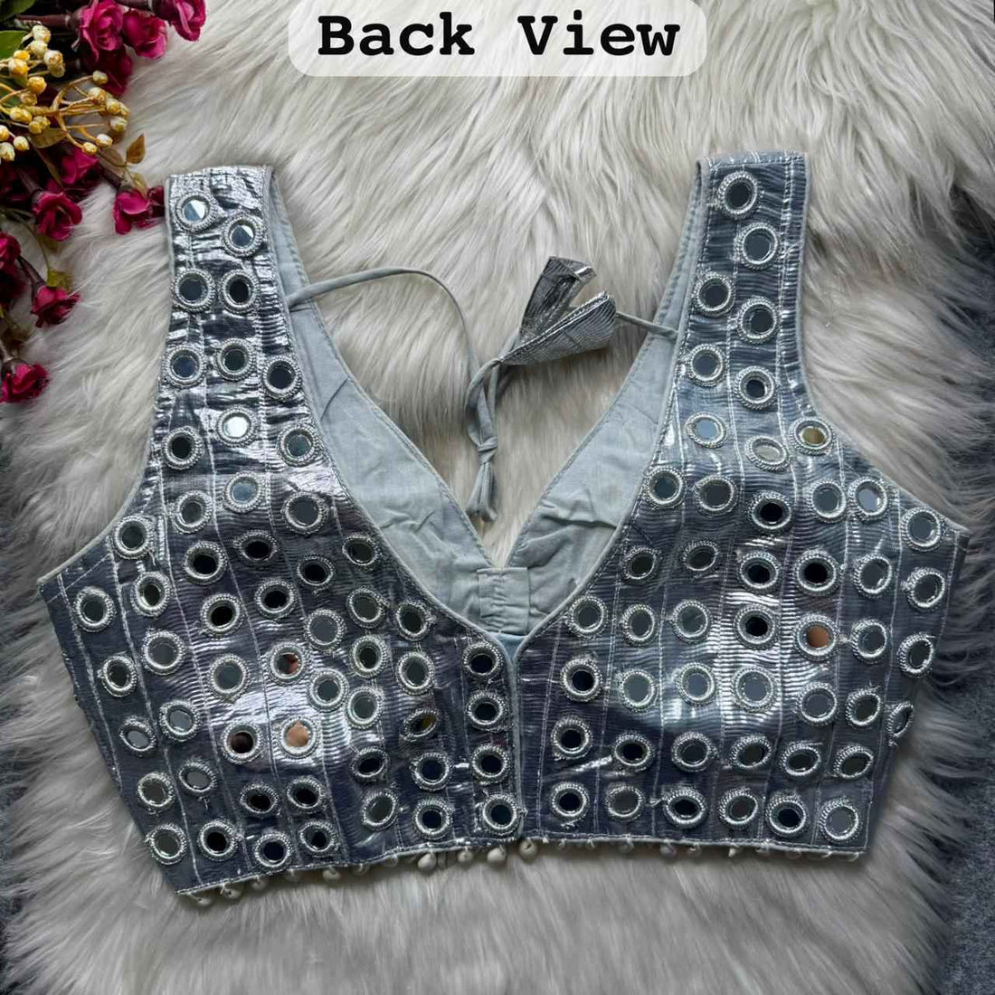Silver Pure Soft Heavy Gotta Real Mirror &amp; Kaudi Work Navratri Blouse