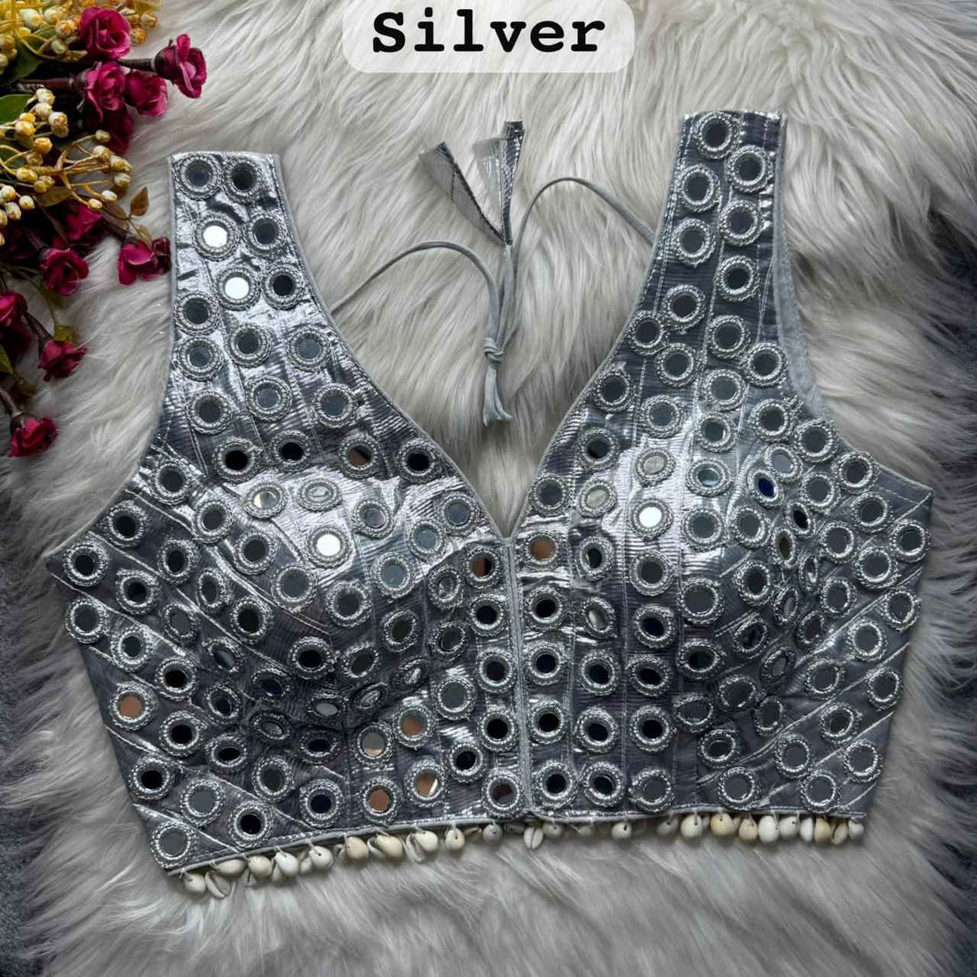 Silver Pure Soft Heavy Gotta Real Mirror &amp; Kaudi Work Navratri Blouse