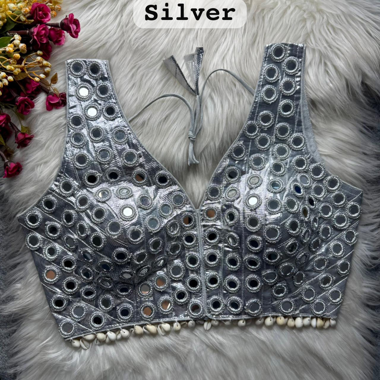 Silver Pure Soft Heavy Gotta Real Mirror &amp; Kaudi Work Navratri Blouse