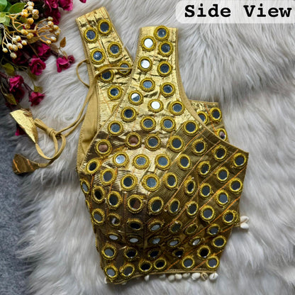 Gold Pure Soft Heavy Gotta Real Mirror &amp; Kaudi Work Navratri Blouse