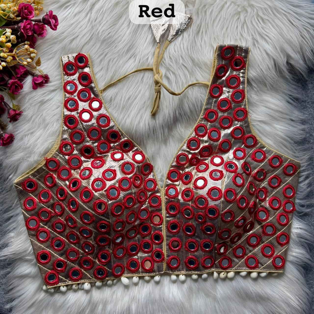 Red Pure Soft Heavy Gotta Real Mirror &amp; Kaudi Work Navratri Blouse