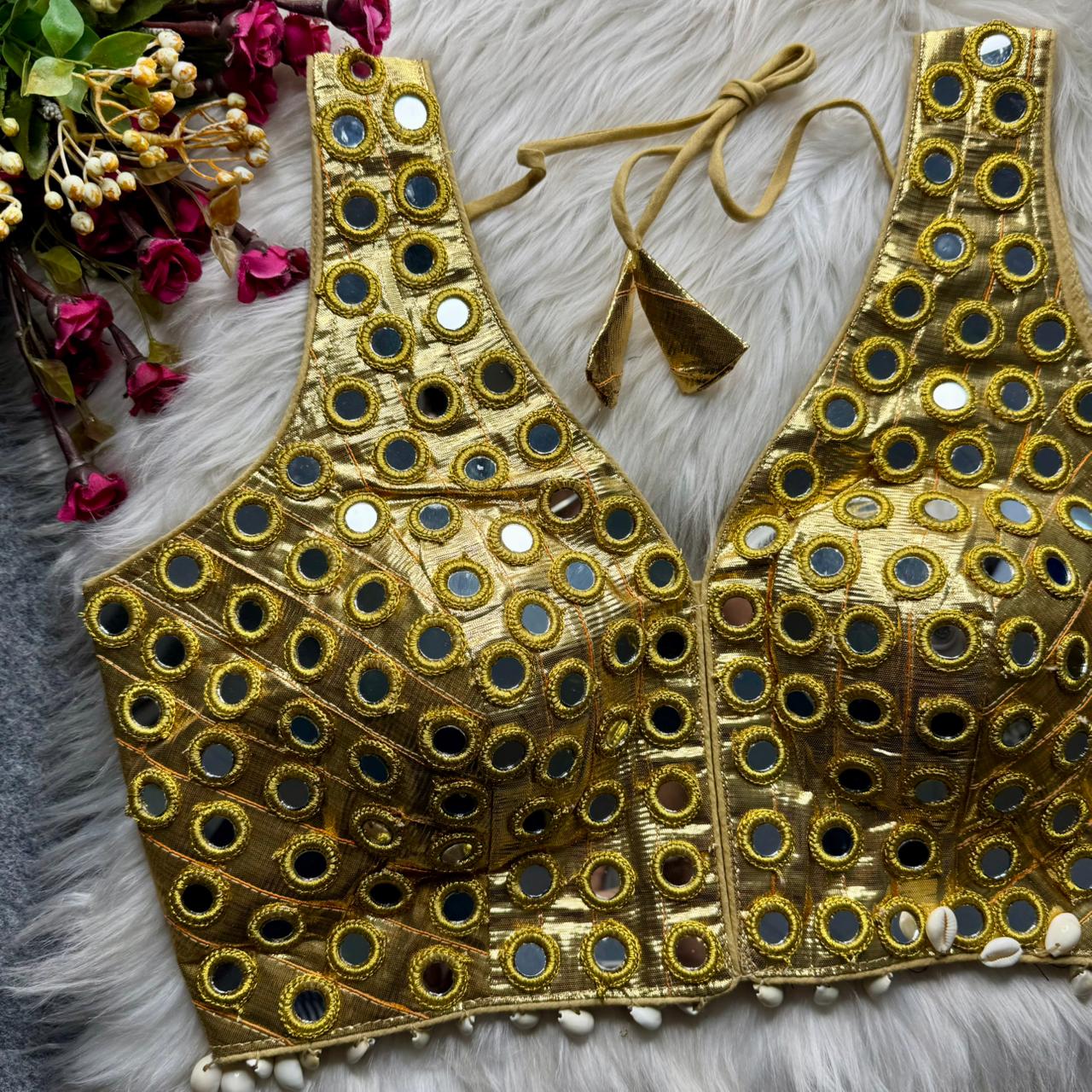 Gold Pure Soft Heavy Gotta Real Mirror &amp; Kaudi Work Navratri Blouse