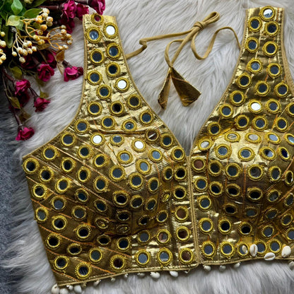 Gold Pure Soft Heavy Gotta Real Mirror &amp; Kaudi Work Navratri Blouse