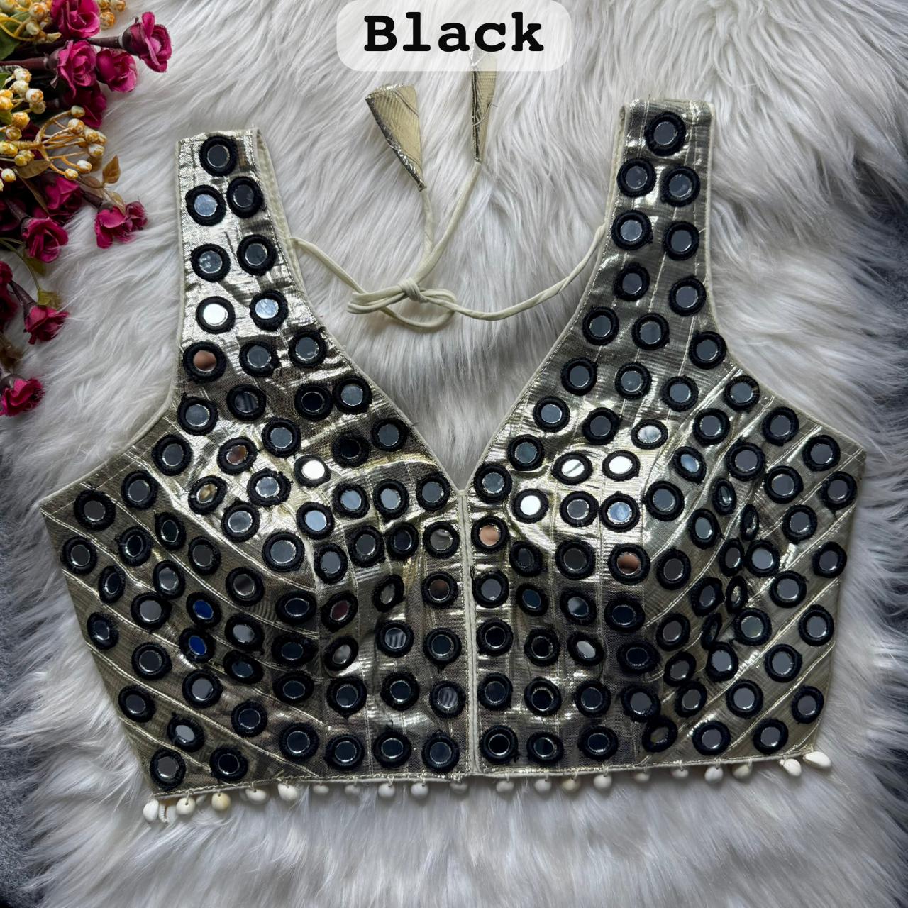 Black Pure Soft Heavy Gotta Real Mirror &amp; Kaudi Work Navratri Blouse