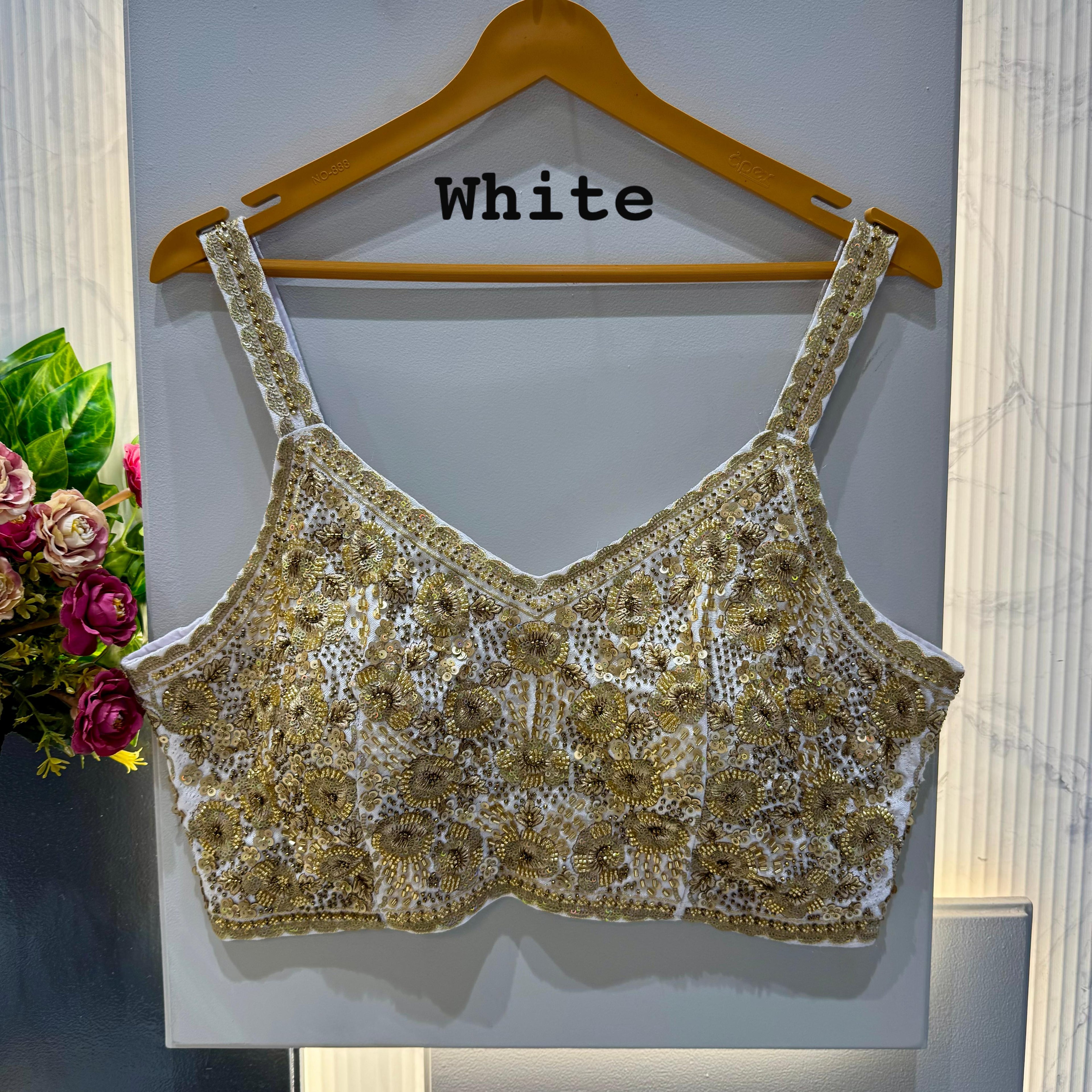 White Pure Soft Heavy Beads &amp; Sequence Jari Work Navratri Blouse