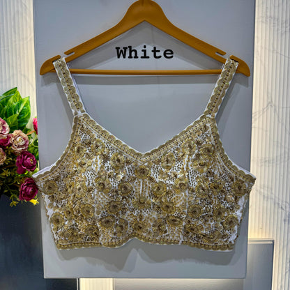 White Pure Soft Heavy Beads &amp; Sequence Jari Work Navratri Blouse