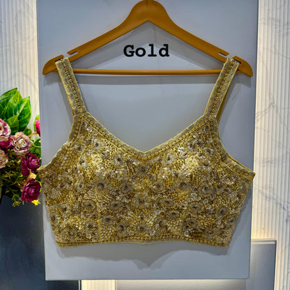 Gold Pure Soft Heavy Beads &amp; Sequence Jari Work Navratri Blouse