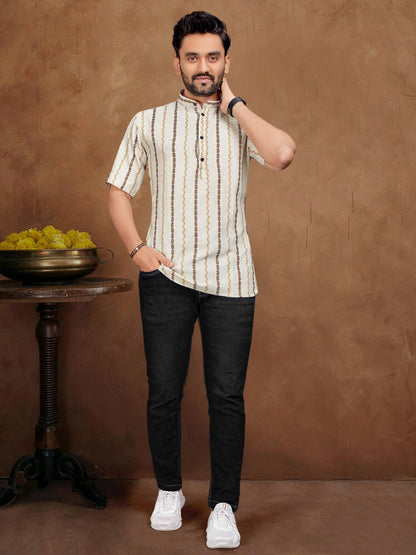 White Pure Soft Cotton Jequard Shirt &amp; Tunic Matching Both Couple Combo