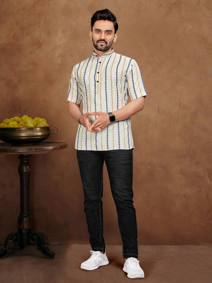 White Pure Soft Cotton Jequard Shirt &amp; Tunic Matching Both Couple Combo