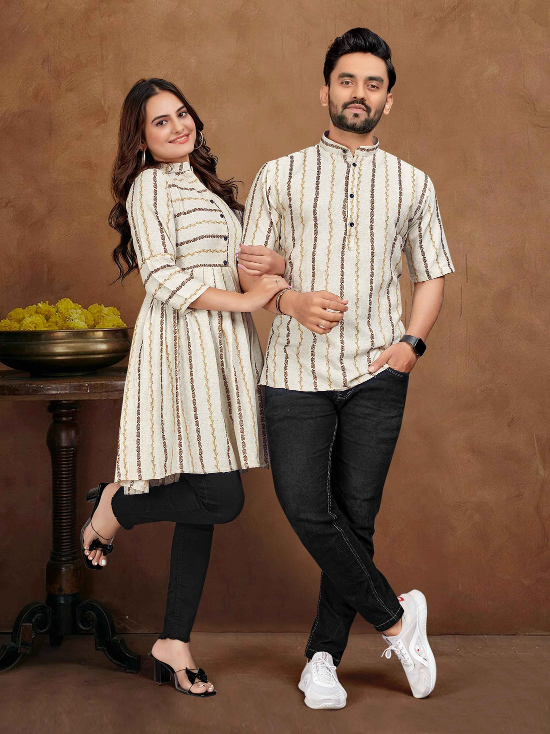White Pure Soft Cotton Jequard Shirt &amp; Tunic Matching Both Couple Combo