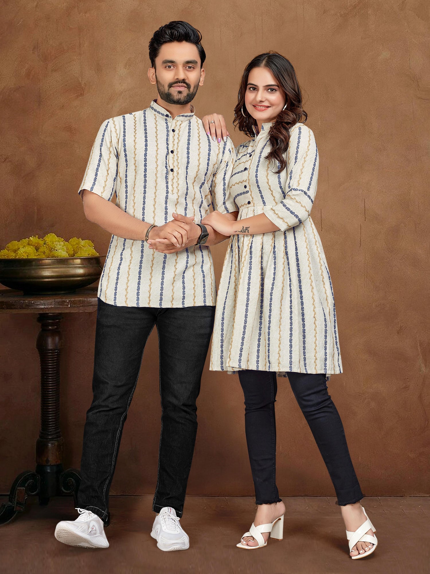 White Pure Soft Cotton Jequard Shirt &amp; Tunic Matching Both Couple Combo
