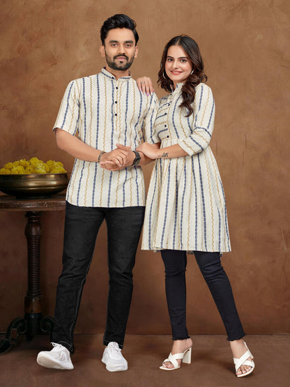 White Pure Soft Cotton Jequard Shirt &amp; Tunic Matching Both Couple Combo